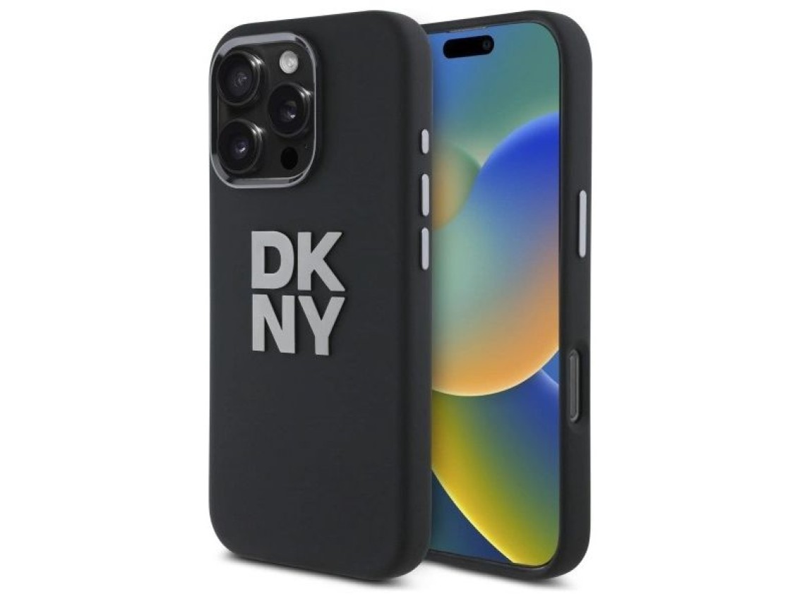 Capa DKNY de silicone líquido com logotipo metálico para iPhone 16 Pro Max - Preta