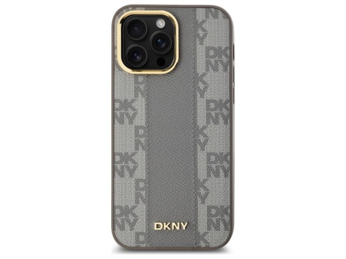 Capa DKNY em couro com estampa xadrez monocrom�tica e MagSafe para iPhone 14 Pro Max - Bege