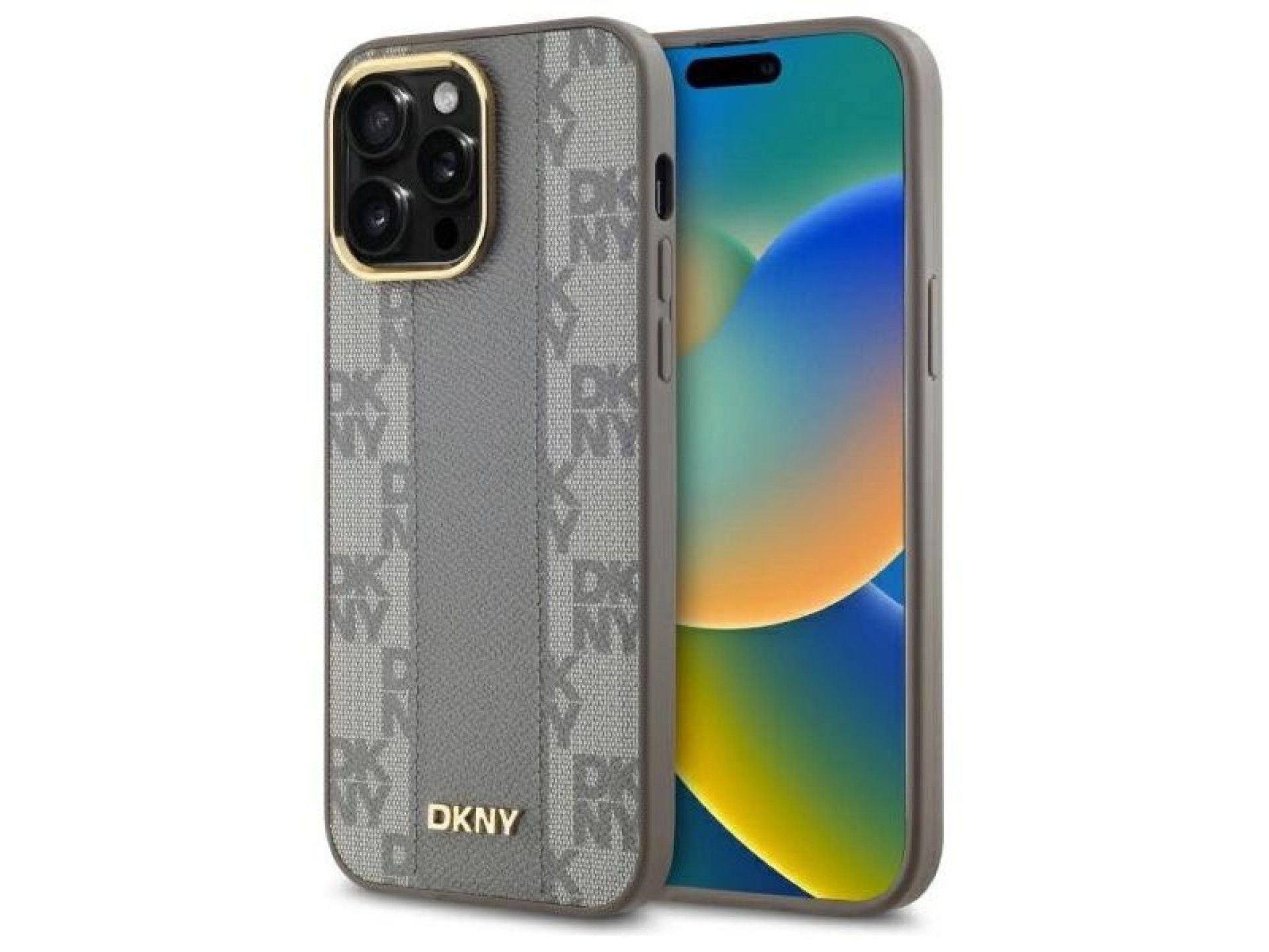 Capa DKNY em couro com estampa xadrez monocromática e MagSafe para iPhone 14 Pro Max - Bege