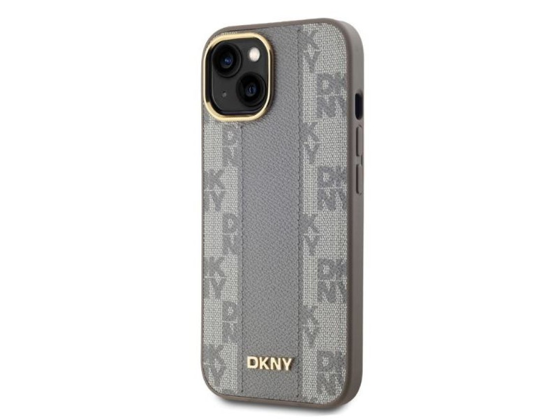 DKNY Leather Checkered Mono Pattern MagSafe iPhone 14 Case - Beige