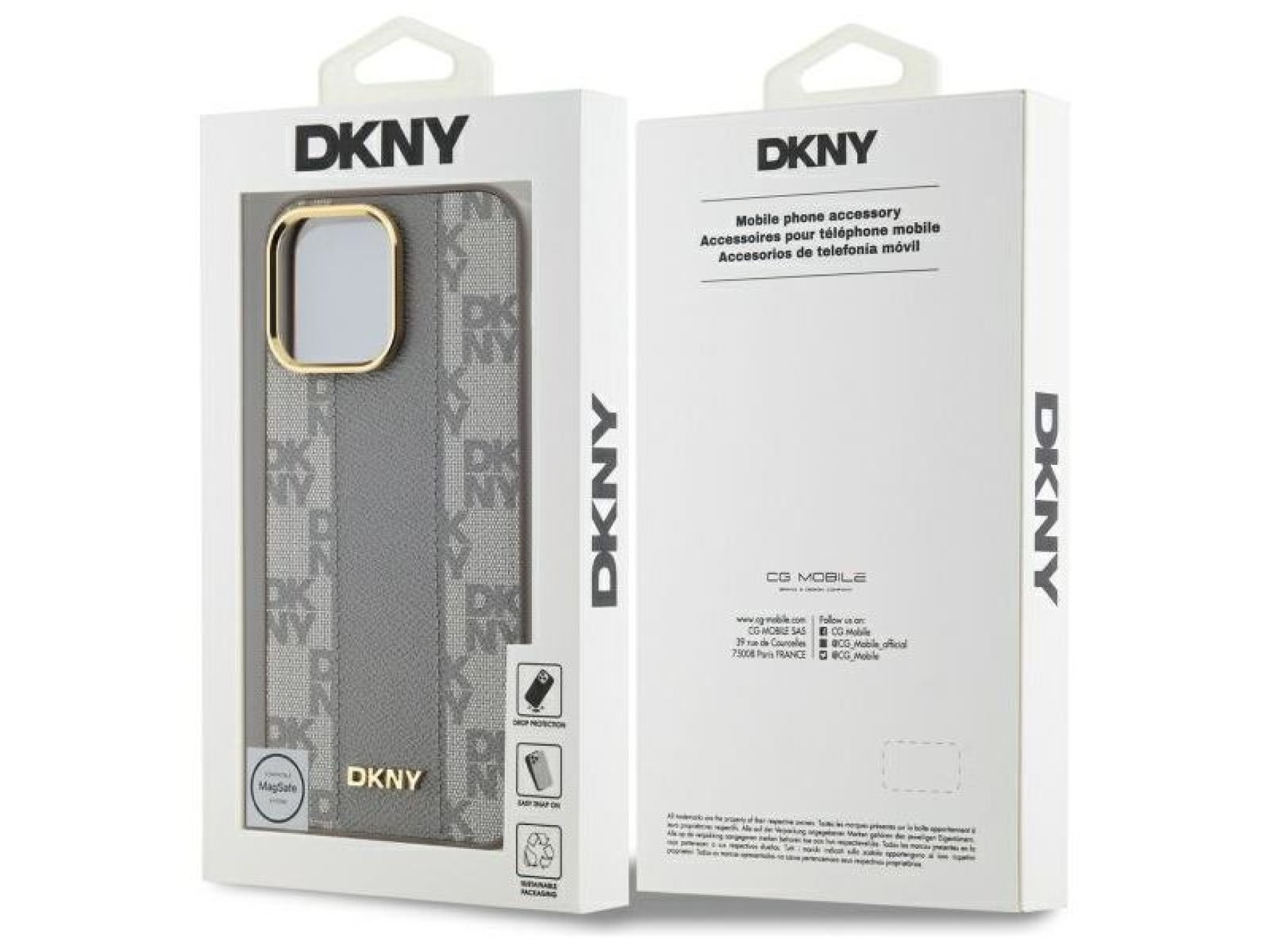 Capa DKNY em couro com estampa xadrez monocromática e MagSafe para iPhone 14 Pro Max - Bege