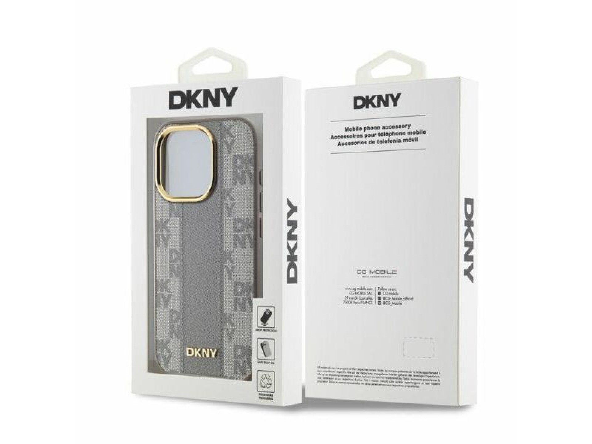 Funda DKNY de piel con estampado a cuadros monocromático y MagSafe para iPhone 15 Pro - Beige