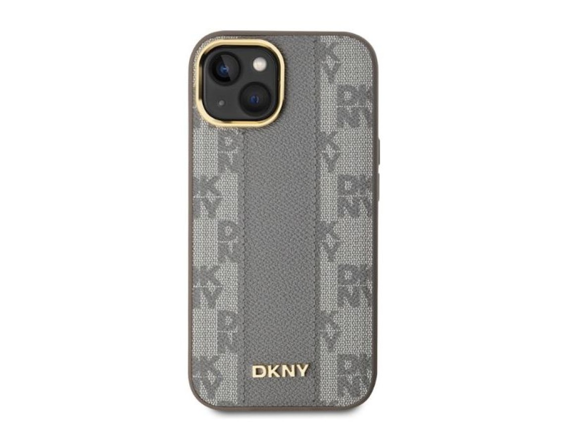 DKNY Leather Checkered Mono Pattern MagSafe iPhone 14 Case - Beige