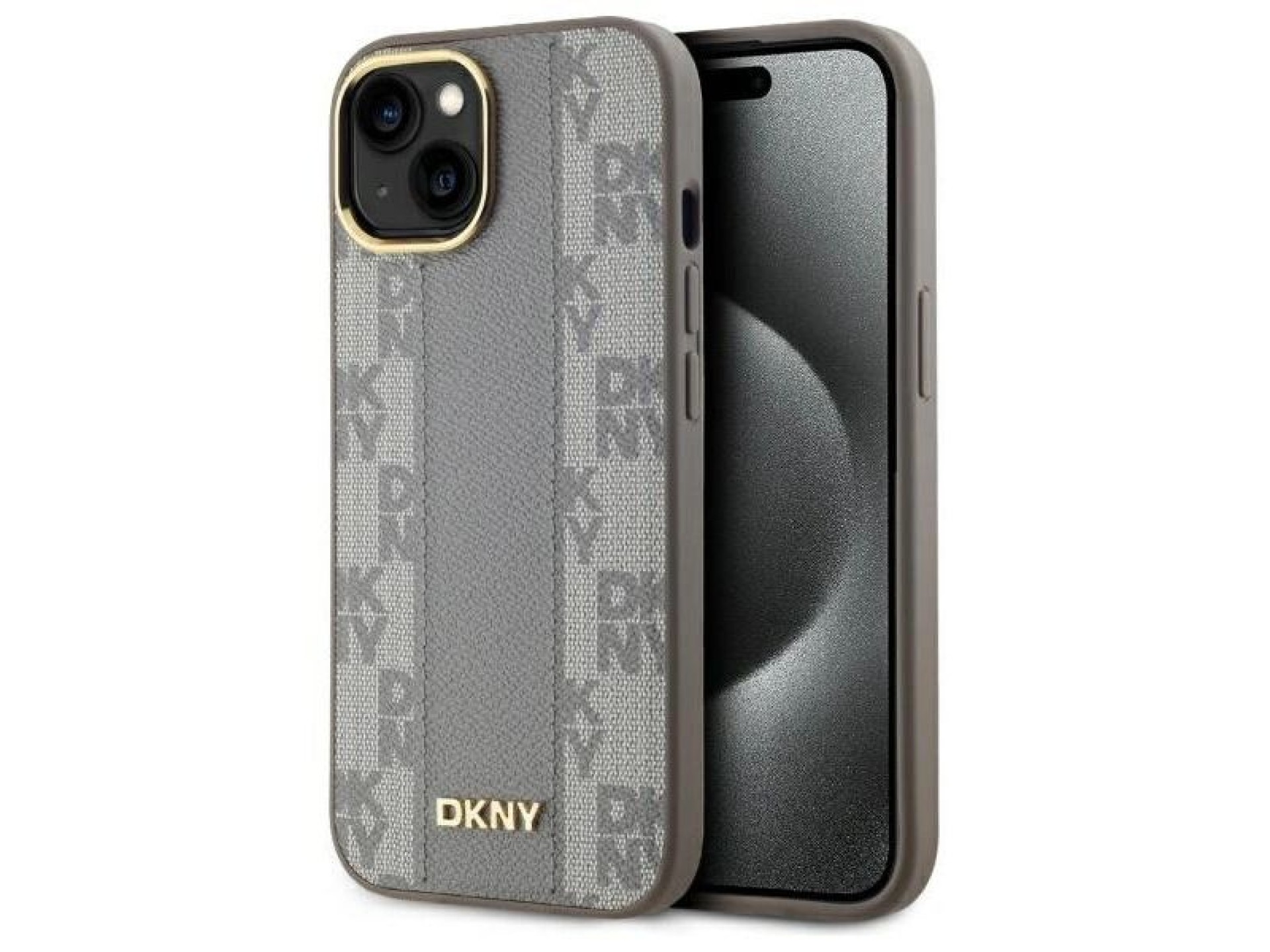 Funda DKNY de piel con estampado a cuadros monocromático y MagSafe para iPhone 15 Plus - Beige