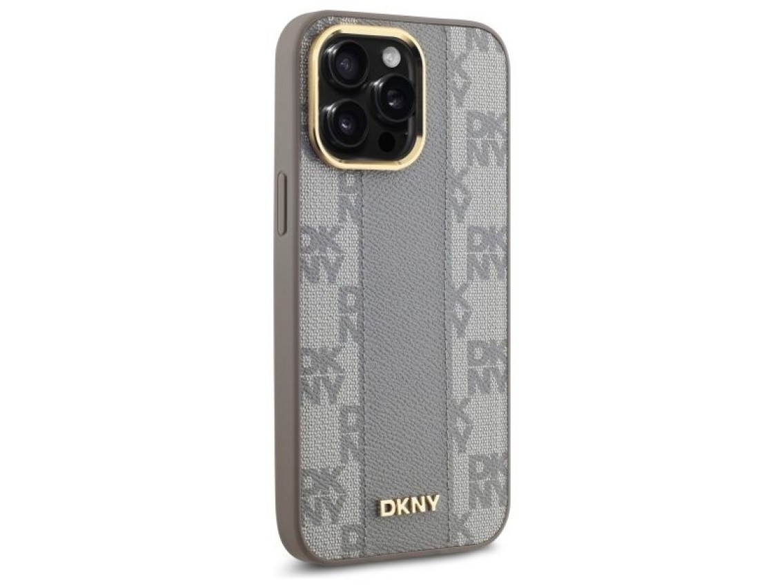 Capa DKNY em couro com estampa xadrez monocrom�tica e MagSafe para iPhone 14 Pro Max - Bege