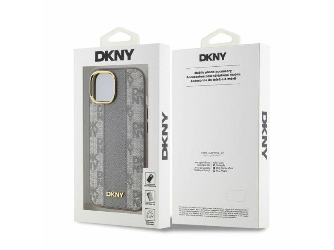 DKNY Leather Checkered Mono Pattern MagSafe iPhone 14 Case - Beige