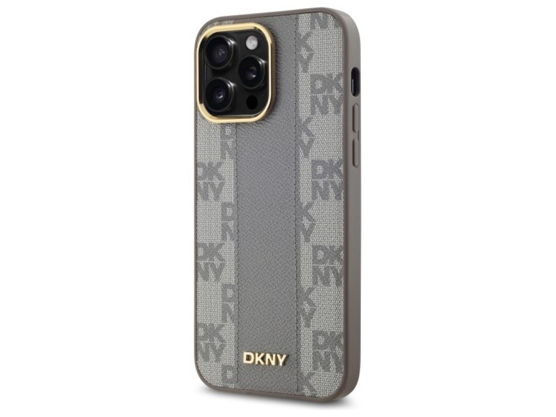 Capa DKNY em couro com estampa xadrez monocrom�tica e MagSafe para iPhone 14 Pro Max - Bege