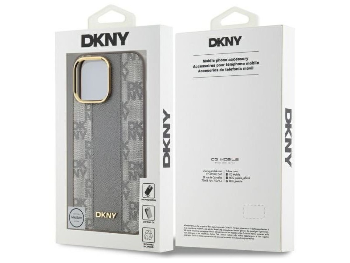 Capa DKNY em couro com estampa xadrez monocrom�tica e MagSafe para iPhone 14 Pro Max - Bege