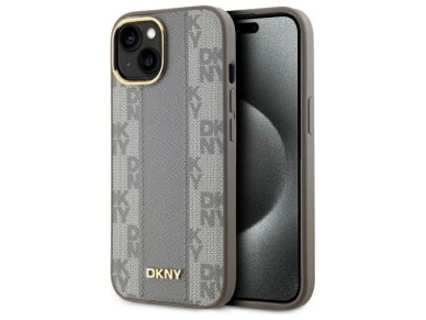 DKNY Leather Checkered Mono Pattern MagSafe iPhone 15 Plus Case - Beige