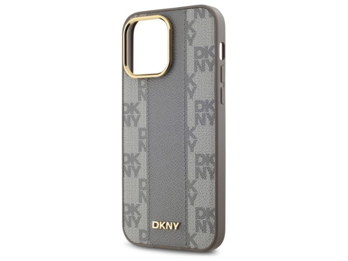Capa DKNY em couro com estampa xadrez monocrom�tica e MagSafe para iPhone 14 Pro Max - Bege