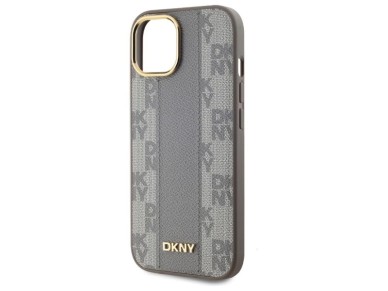 DKNY Leather Checkered Mono Pattern MagSafe iPhone 15 Plus Case - Beige