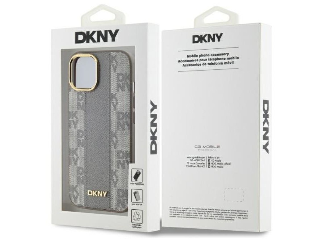 Funda DKNY de piel con estampado a cuadros monocromático y MagSafe para iPhone 15 Plus - Beige