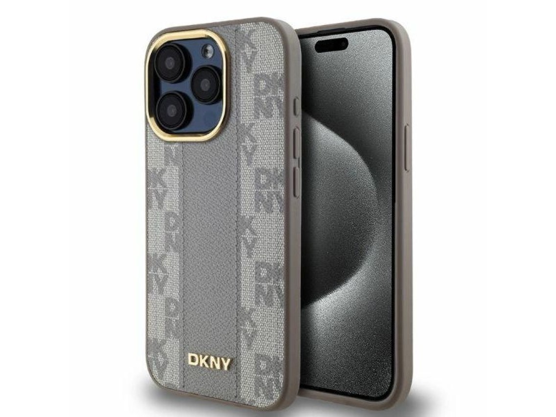 Funda DKNY de piel con estampado a cuadros monocromático y MagSafe para iPhone 15 Pro - Beige