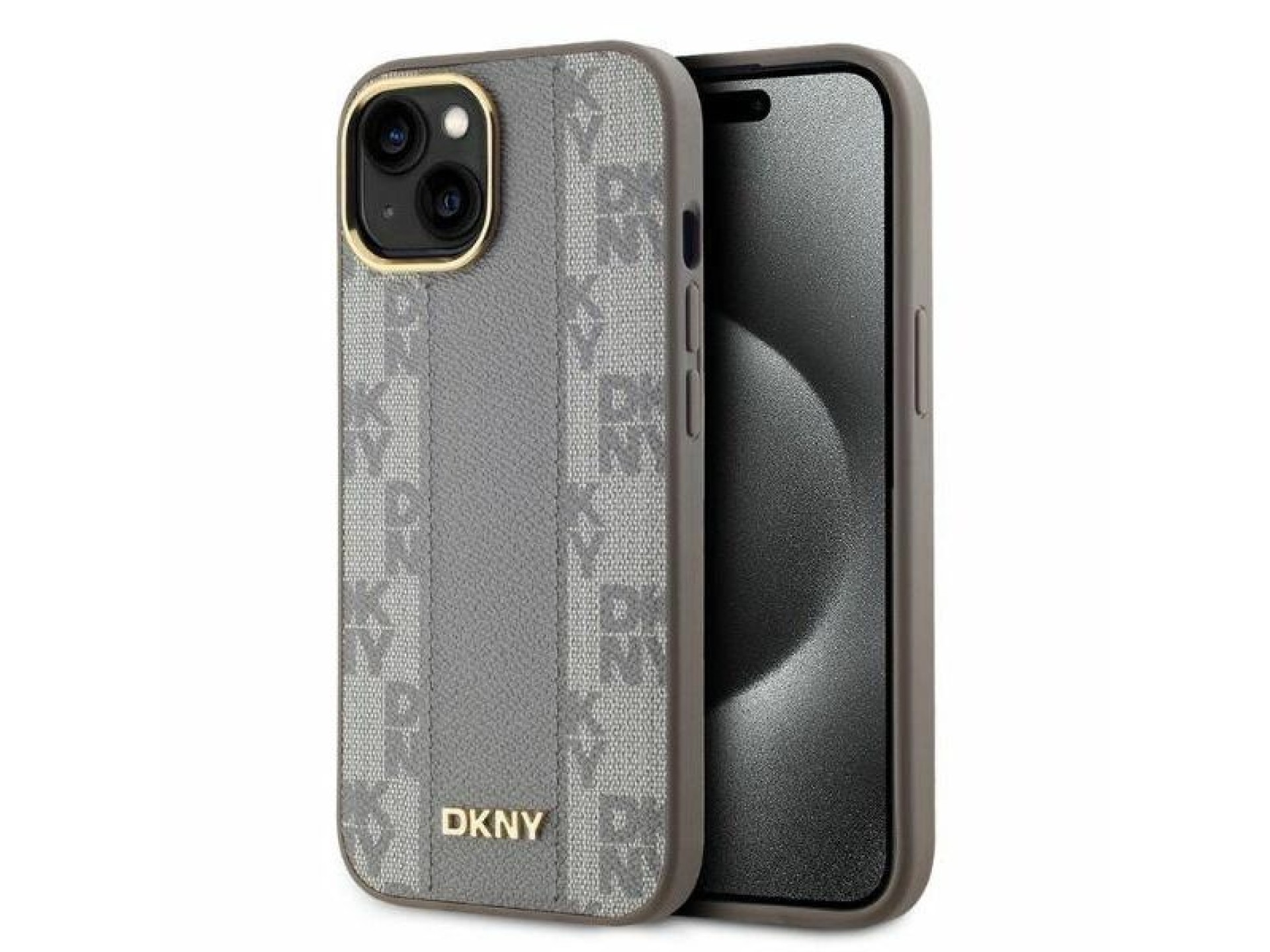 DKNY Leather Checkered Mono Pattern MagSafe iPhone 14 Case - Beige