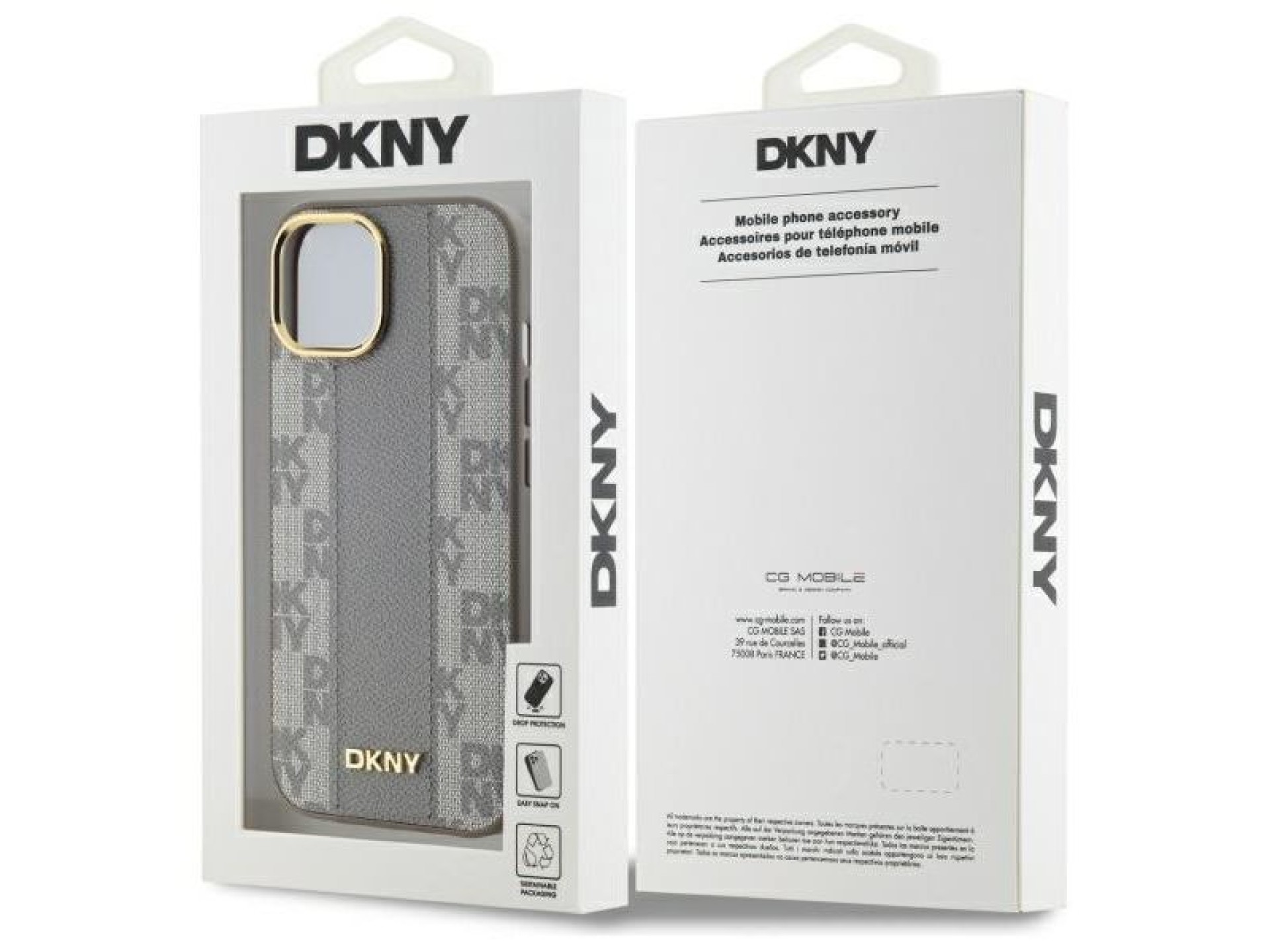Funda DKNY de piel con estampado a cuadros monocromático y MagSafe para iPhone 15 Plus - Beige