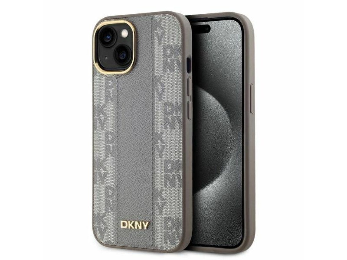 DKNY Leather Checkered Mono Pattern MagSafe iPhone 14 Case - Beige