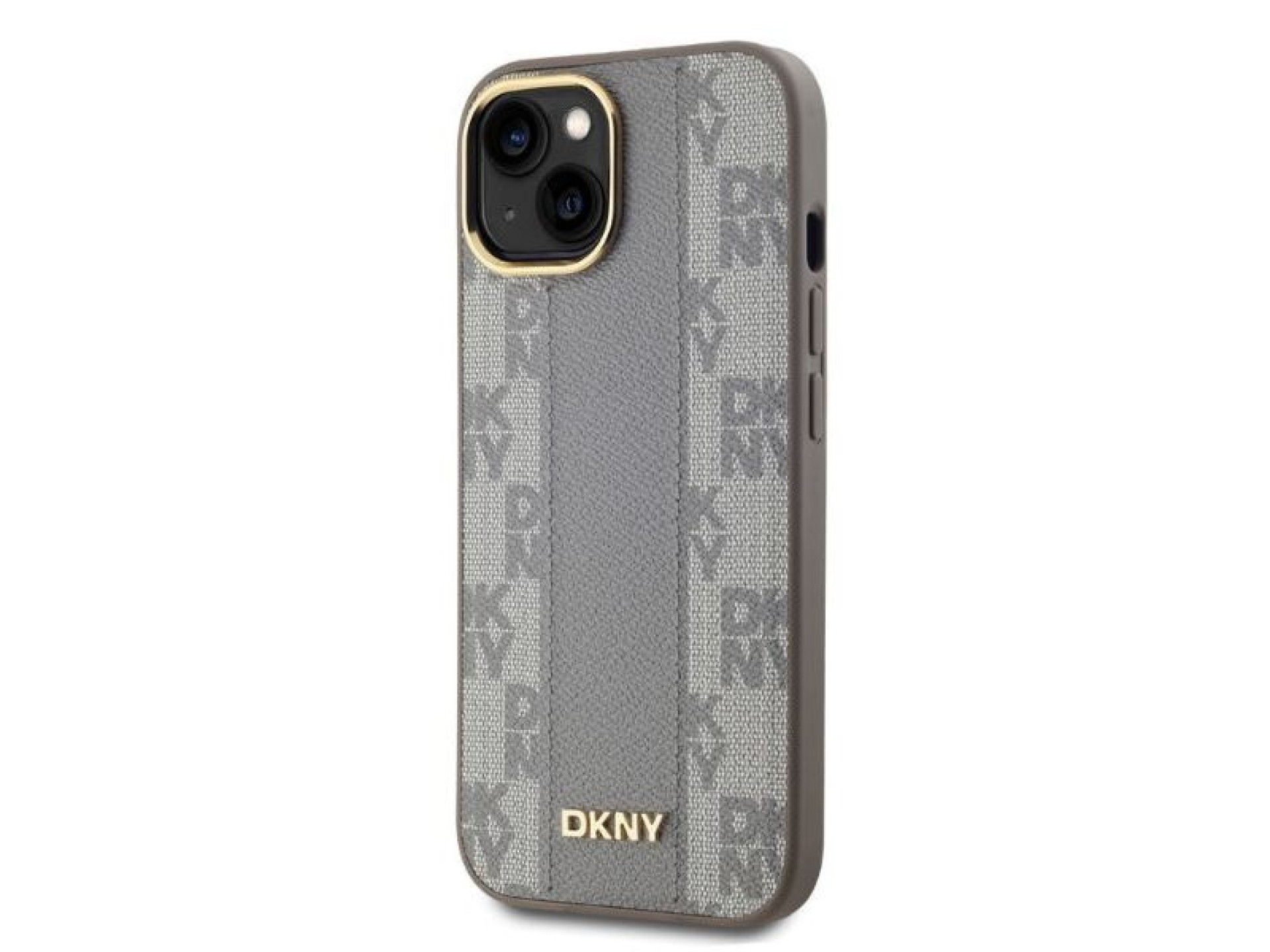 DKNY Leather Checkered Mono Pattern MagSafe iPhone 14 Case - Beige