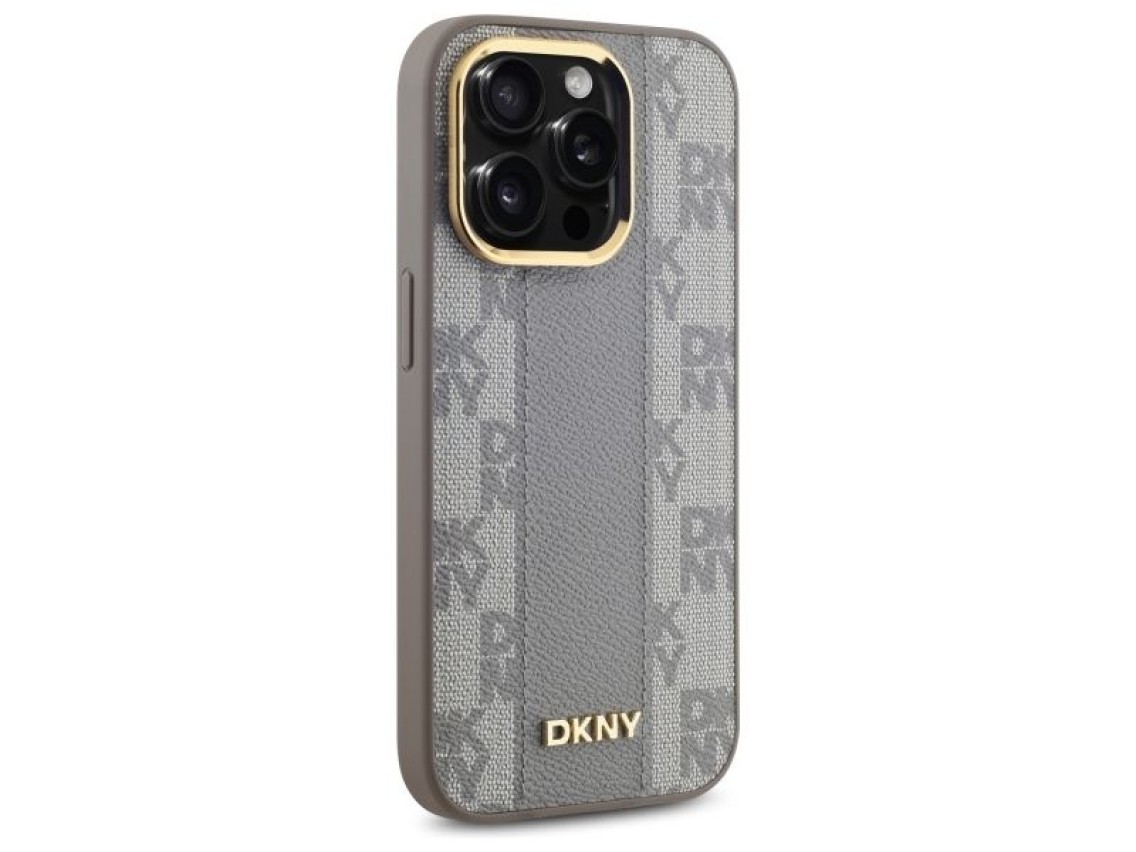 Capa DKNY em couro com estampa xadrez monocromática e MagSafe para iPhone 14 Pro - Bege