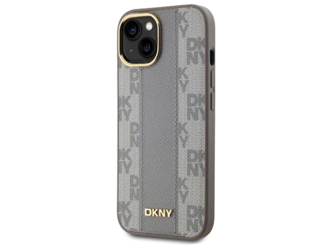 Funda DKNY de piel con estampado a cuadros monocromático y MagSafe para iPhone 15 Plus - Beige