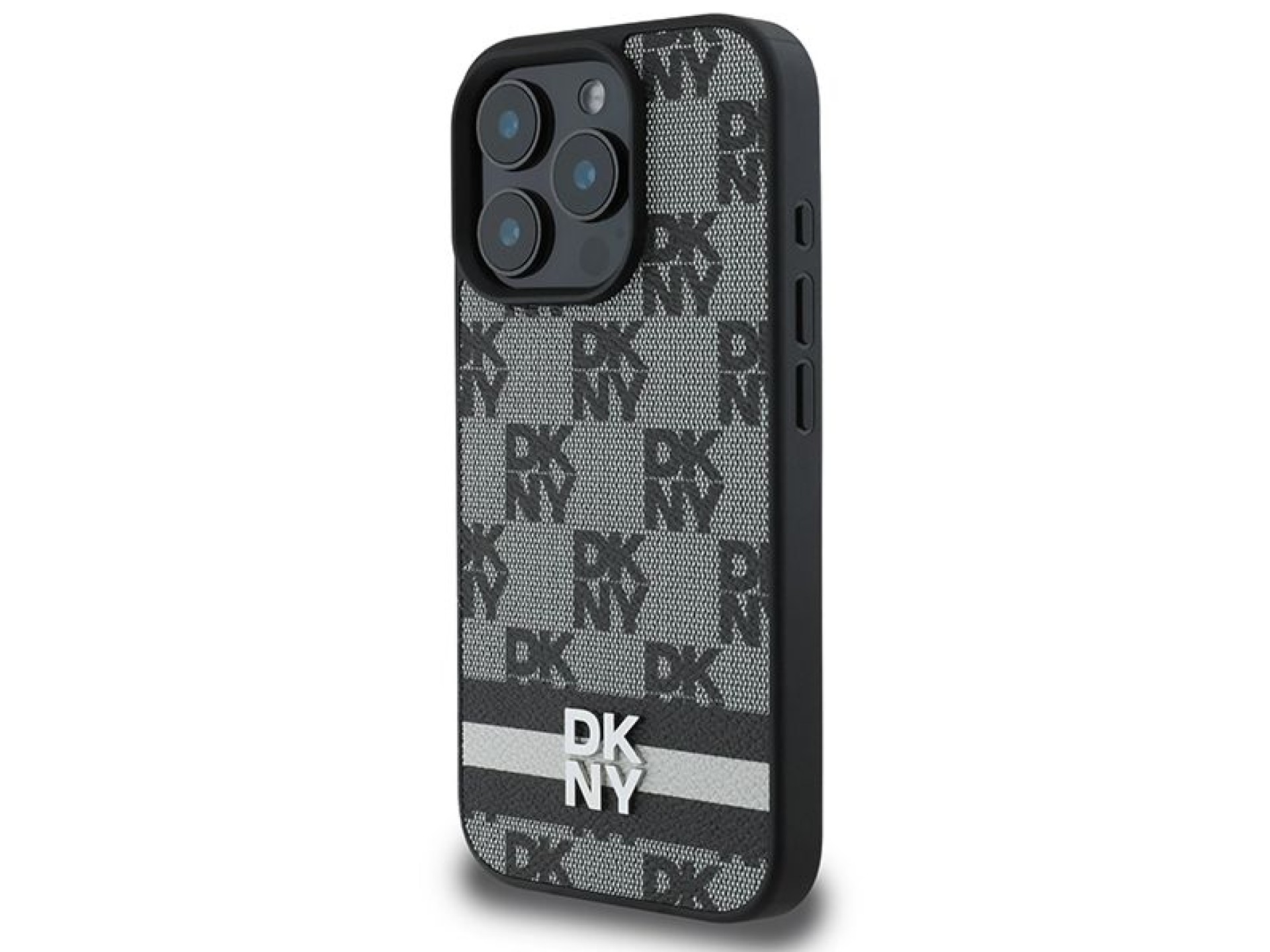 Capa DKNY com estampa xadrez e listras para iPhone 16 Pro - Preta