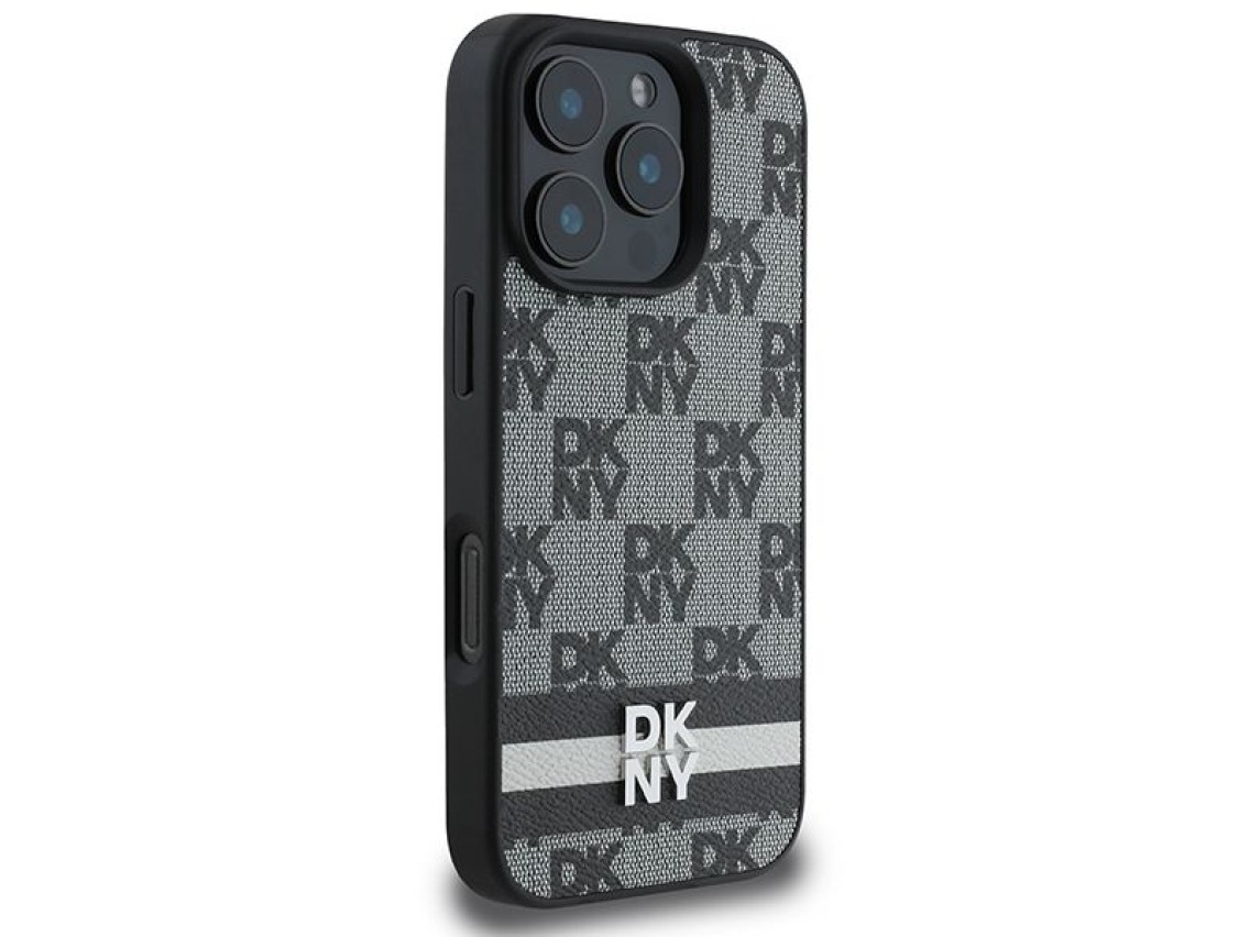 Capa DKNY com estampa xadrez e listras para iPhone 16 Pro - Preta