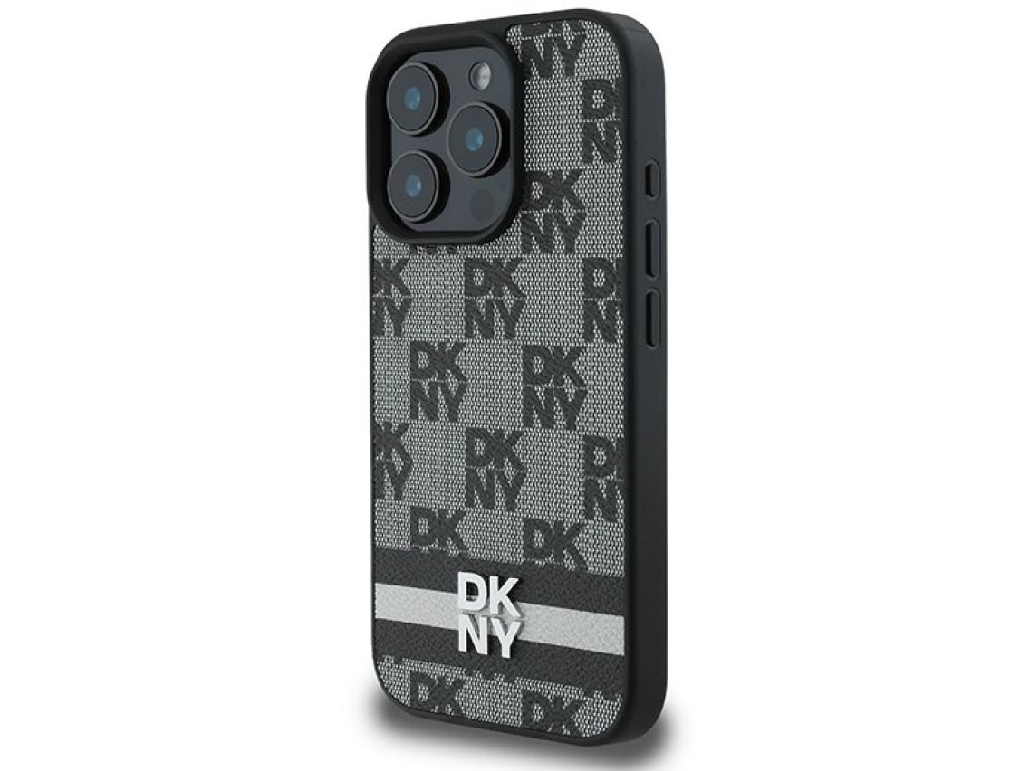 Capa DKNY com estampa xadrez e listras para iPhone 16 Pro Max - Preta