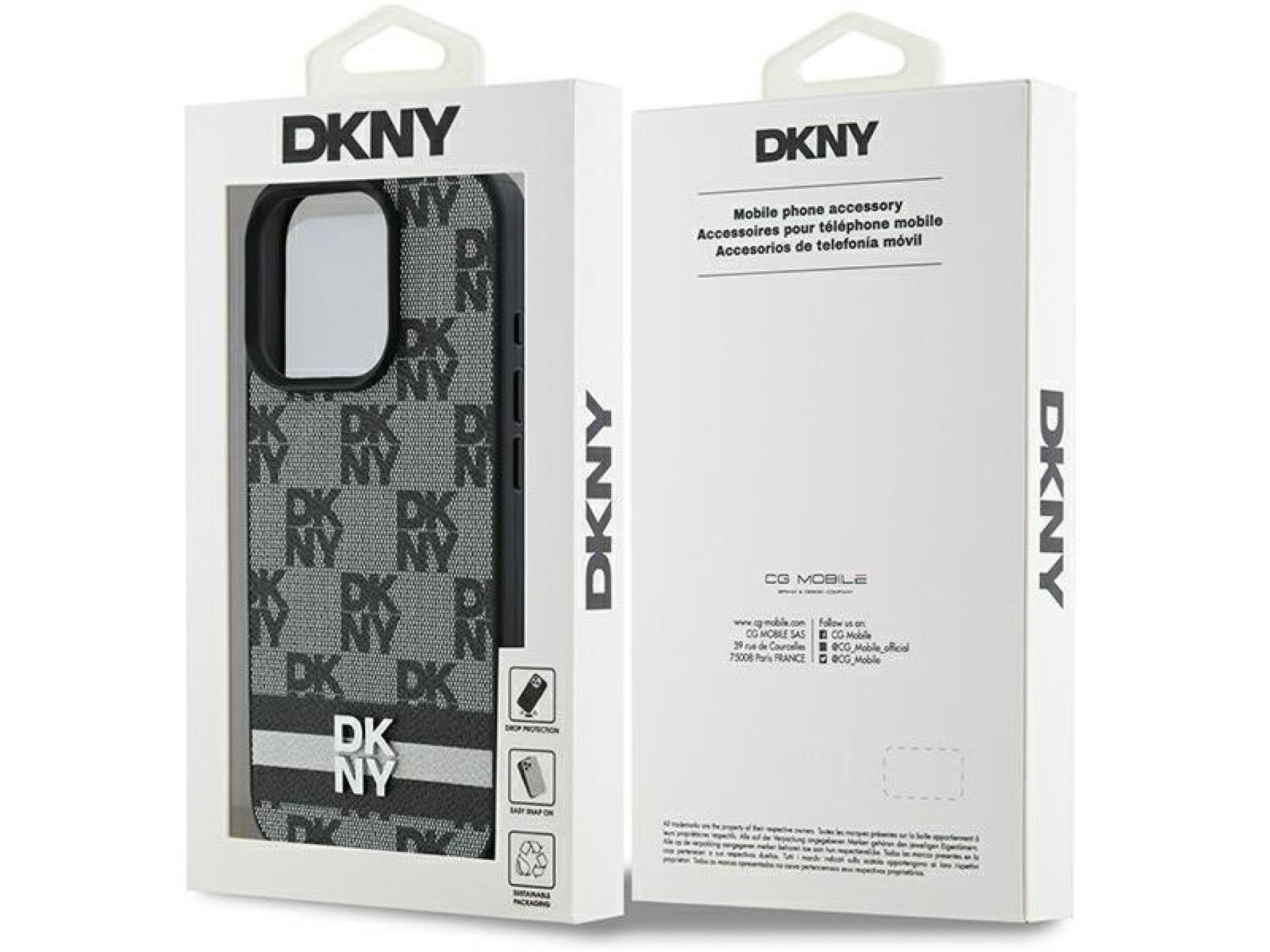 Capa DKNY com estampa xadrez e listras para iPhone 16 Pro Max - Preta