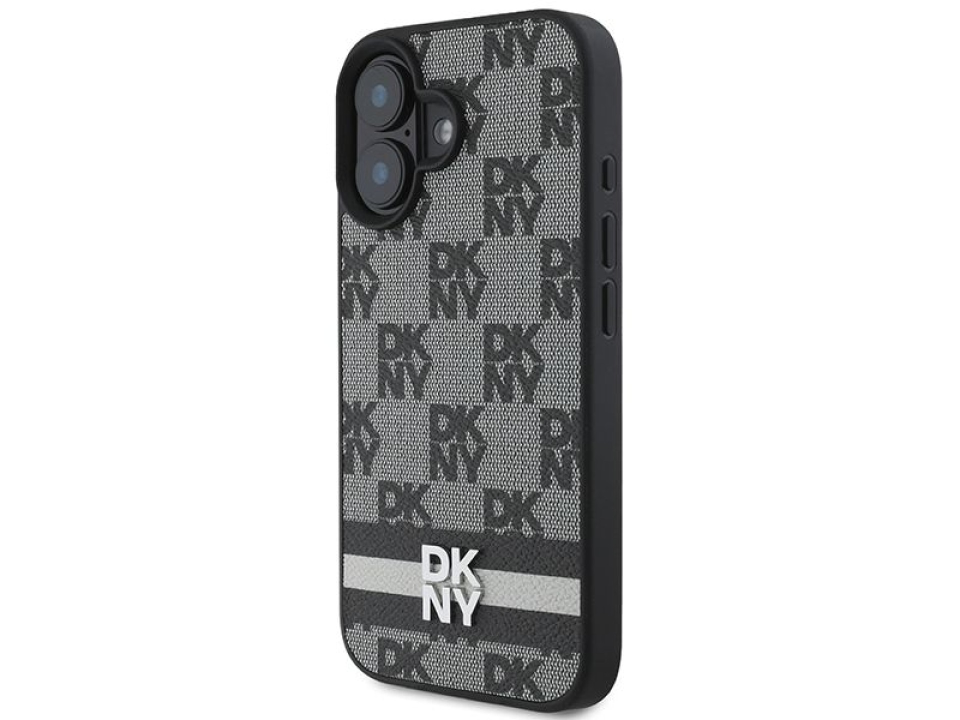 Capa para iPhone 16 DKNY com estampa xadrez e listras - Preta