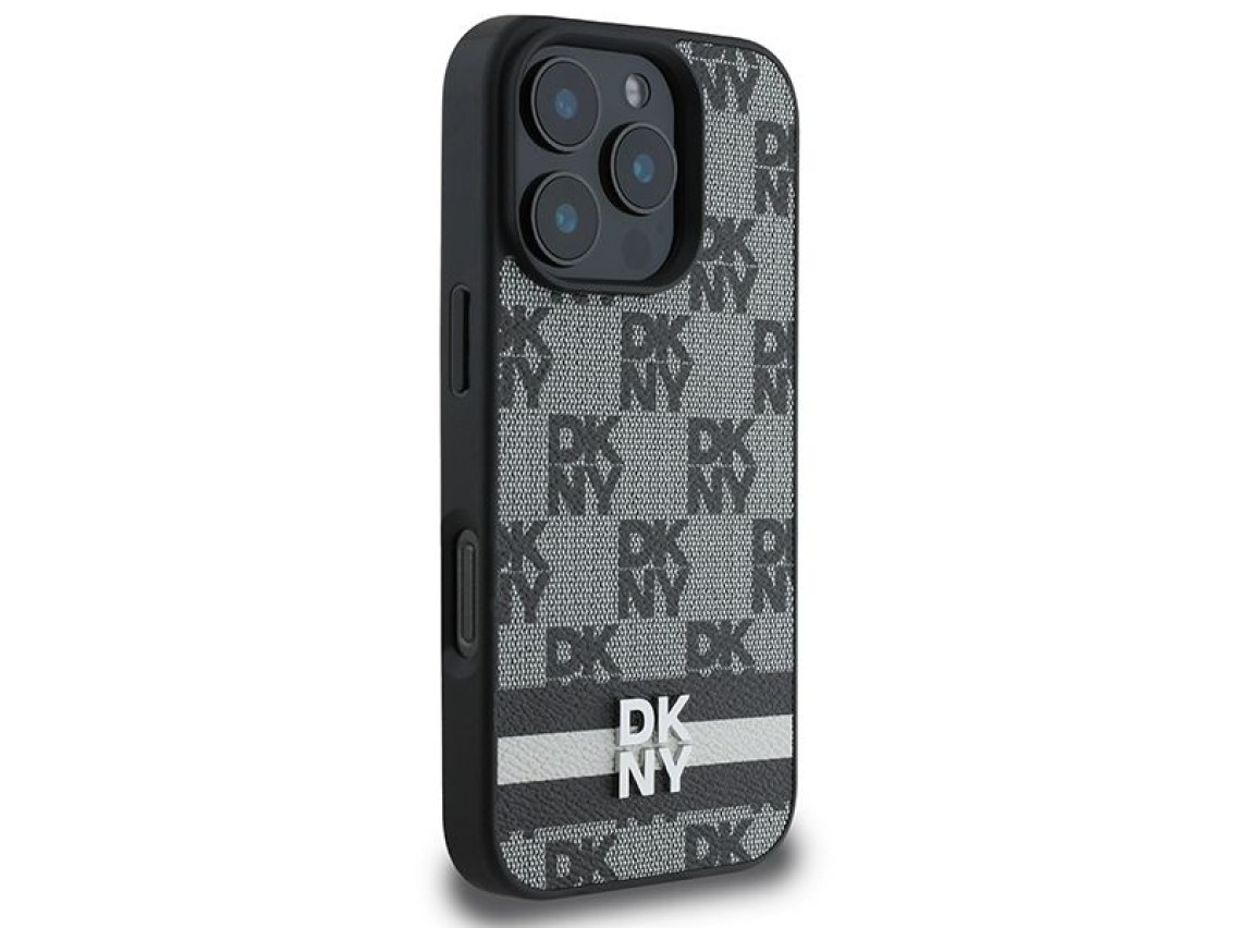 Capa DKNY com estampa xadrez e listras para iPhone 16 Pro Max - Preta