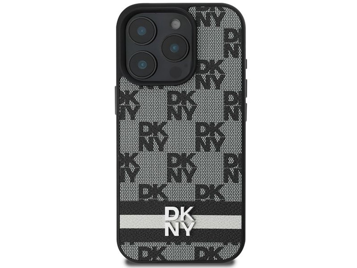 Capa DKNY com estampa xadrez e listras para iPhone 16 Pro Max - Preta
