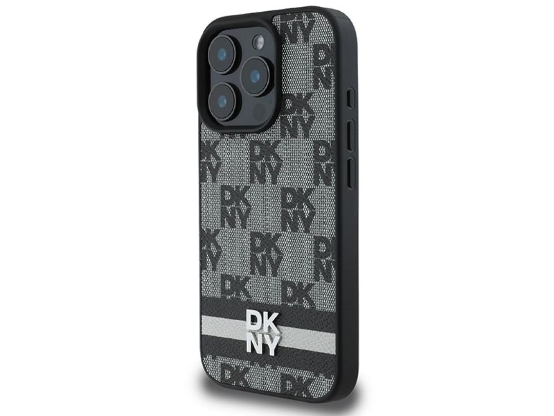 Capa DKNY com estampa xadrez e listras para iPhone 16 Pro - Preta