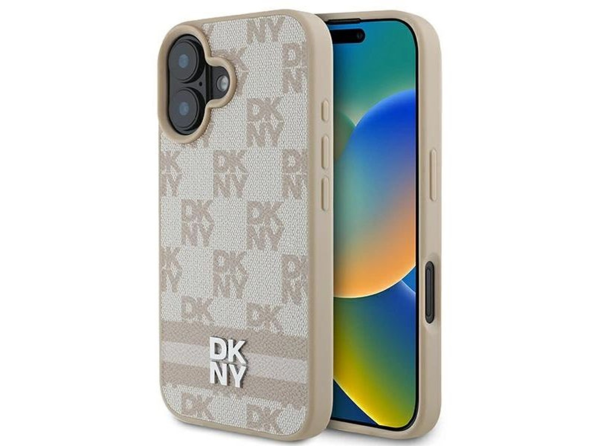 Funda para iPhone 16 de DKNY con estampado de cuadros y rayas estampadas - Rosa
