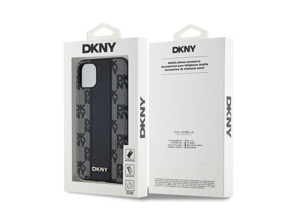 Funda MagSafe de piel DKNY con estampado a cuadros monocrom�tico para iPhone 11 / Xr - Negra
