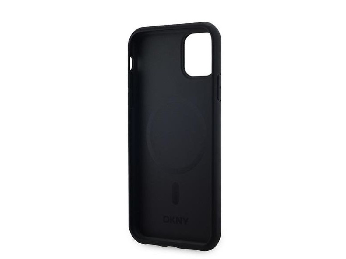 Funda MagSafe de piel DKNY con estampado a cuadros monocrom�tico para iPhone 11 / Xr - Negra