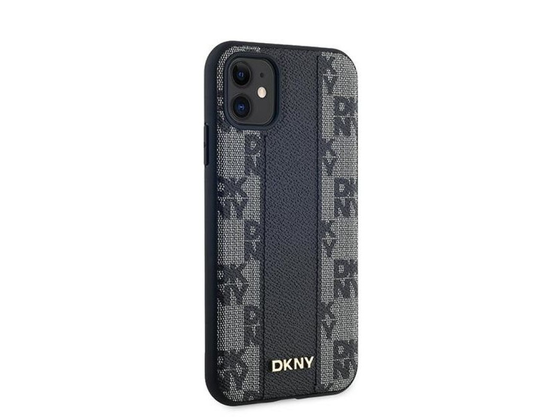 Funda MagSafe de piel DKNY con estampado a cuadros monocrom�tico para iPhone 11 / Xr - Negra