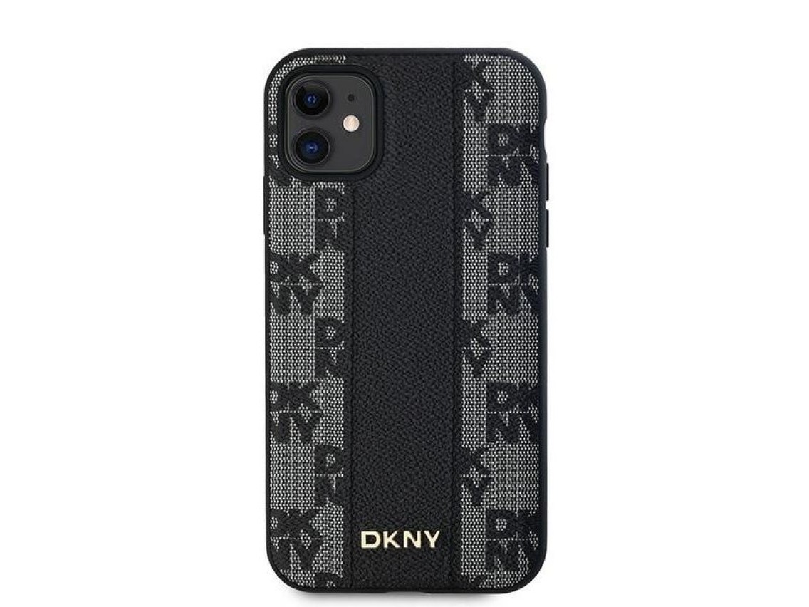 Funda MagSafe de piel DKNY con estampado a cuadros monocrom�tico para iPhone 11 / Xr - Negra
