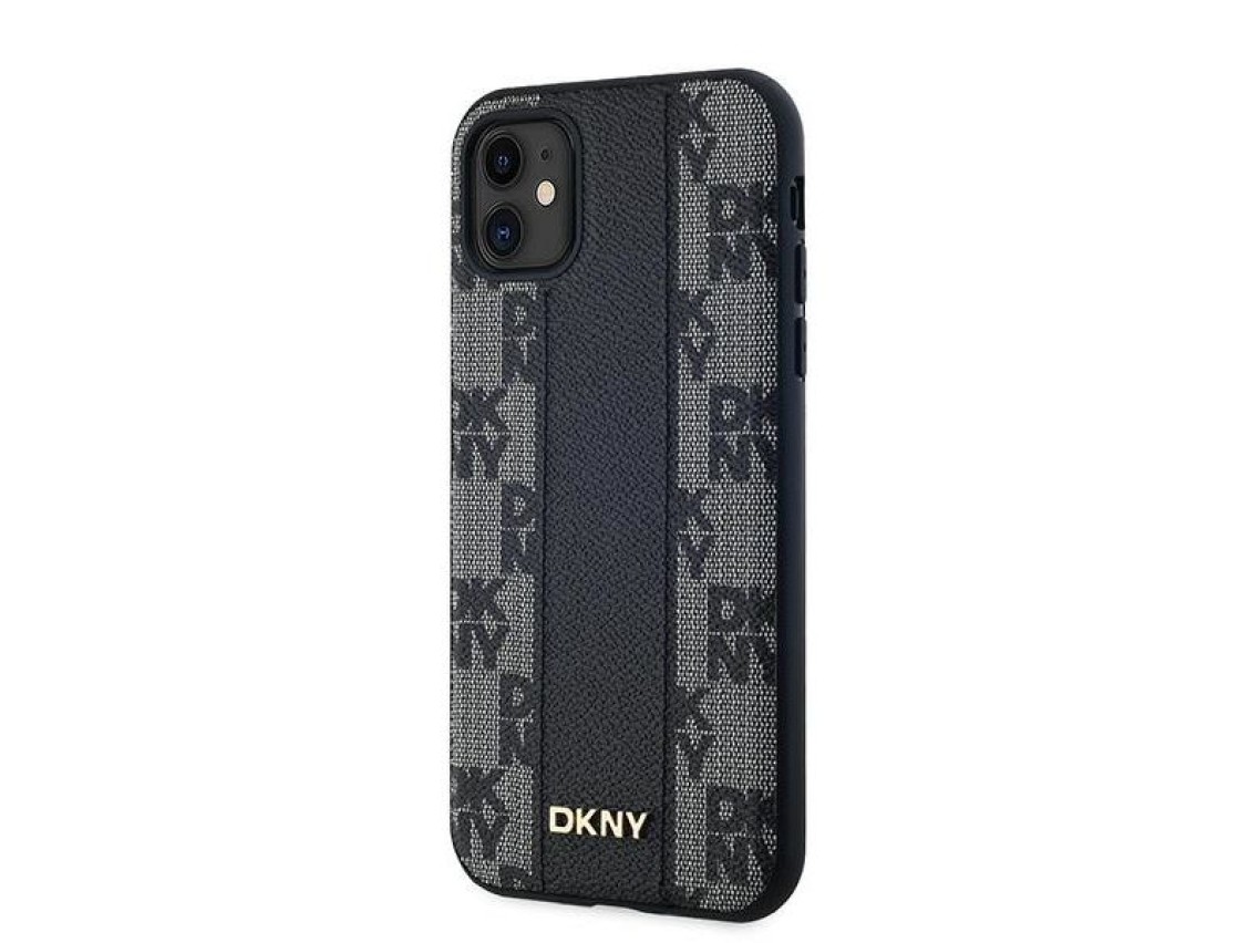 Funda MagSafe de piel DKNY con estampado a cuadros monocrom�tico para iPhone 11 / Xr - Negra