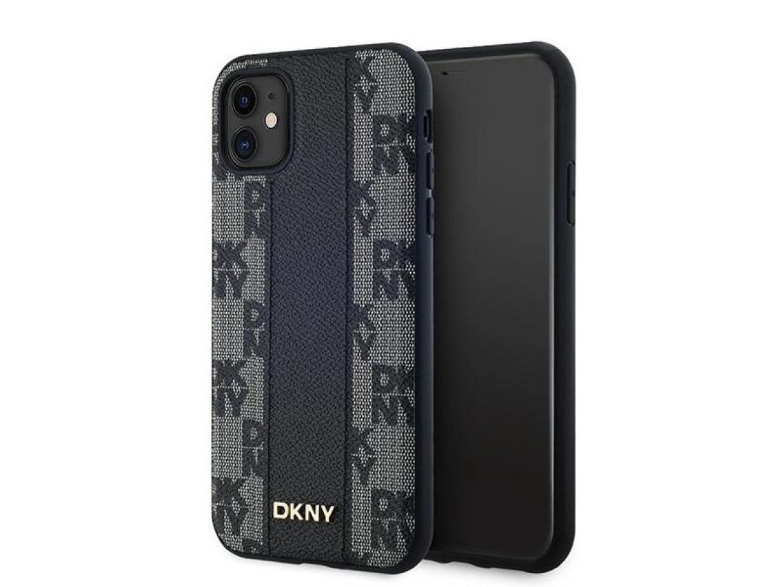 Funda MagSafe de piel DKNY con estampado a cuadros monocrom�tico para iPhone 11 / Xr - Negra