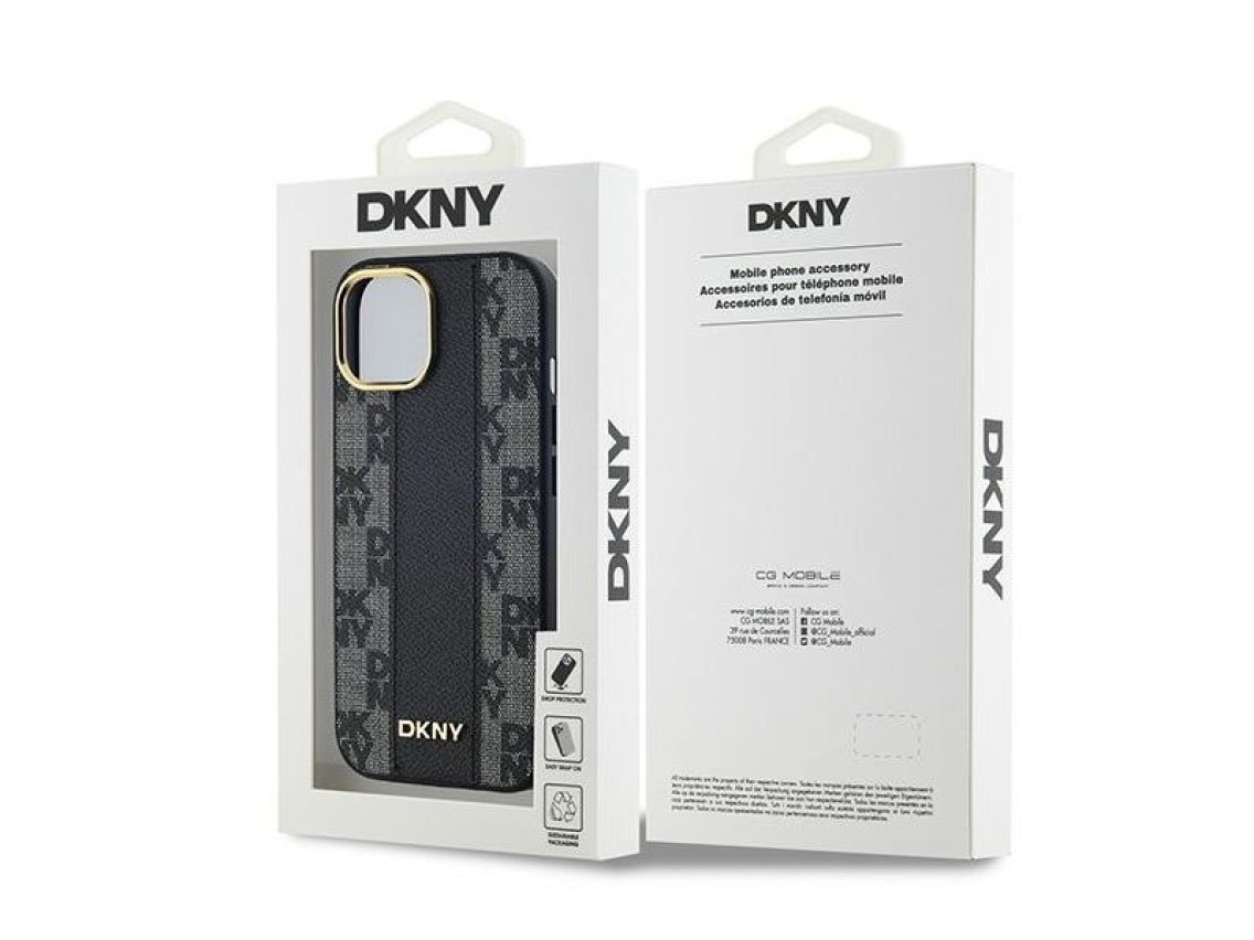 Funda MagSafe de piel DKNY con estampado a cuadros monocromático para iPhone 14/15/13 - Negra