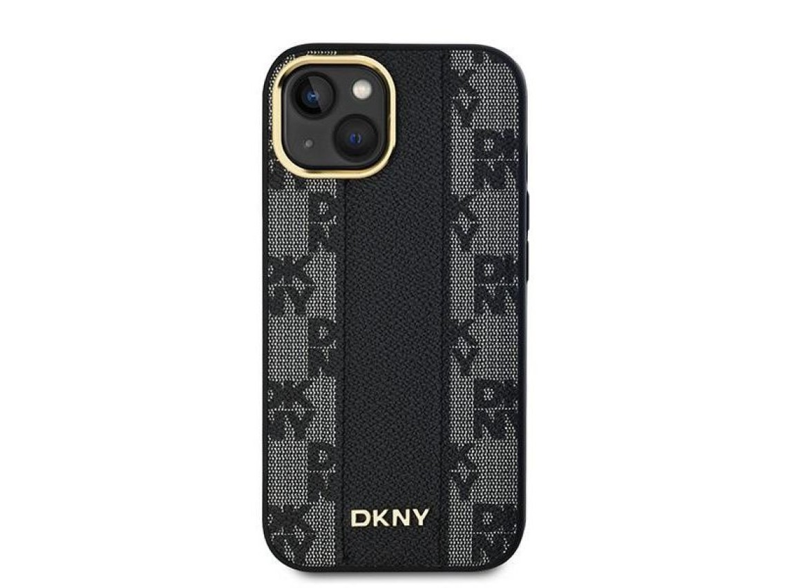 Funda MagSafe de piel DKNY con estampado a cuadros monocromático para iPhone 14/15/13 - Negra