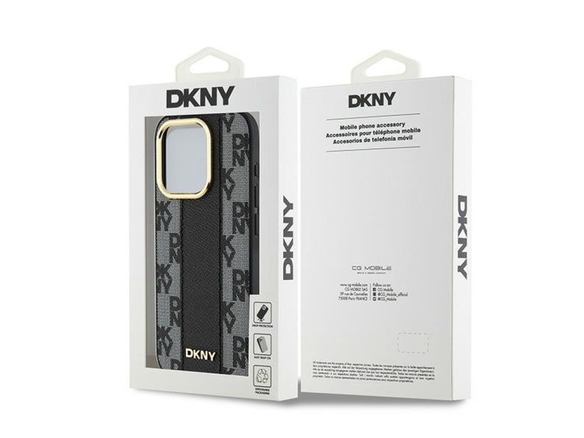 Capa DKNY em couro com estampa xadrez monocromática e MagSafe para iPhone 15 Pro - preta
