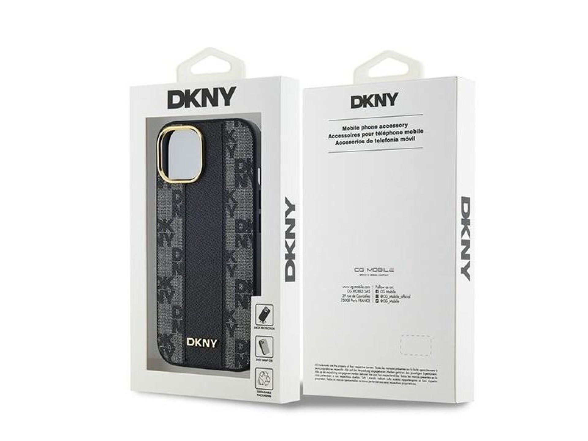 DKNY Leather Checkered Mono Pattern MagSafe Case for iPhone 15 Plus / 14 Plus - Black