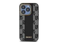Capa DKNY em couro com estampa xadrez monocromática e MagSafe para iPhone 15 Pro - preta Capa DKNY em couro com estampa xadrez monocromática e MagSafe para iPhone 15 Pro - preta