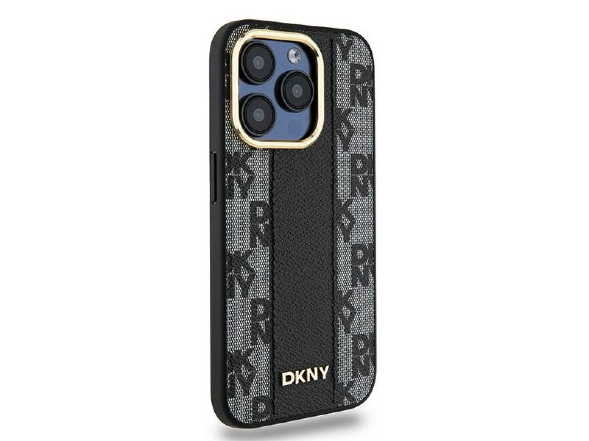 Capa DKNY em couro com estampa xadrez monocromática e MagSafe para iPhone 15 Pro - preta