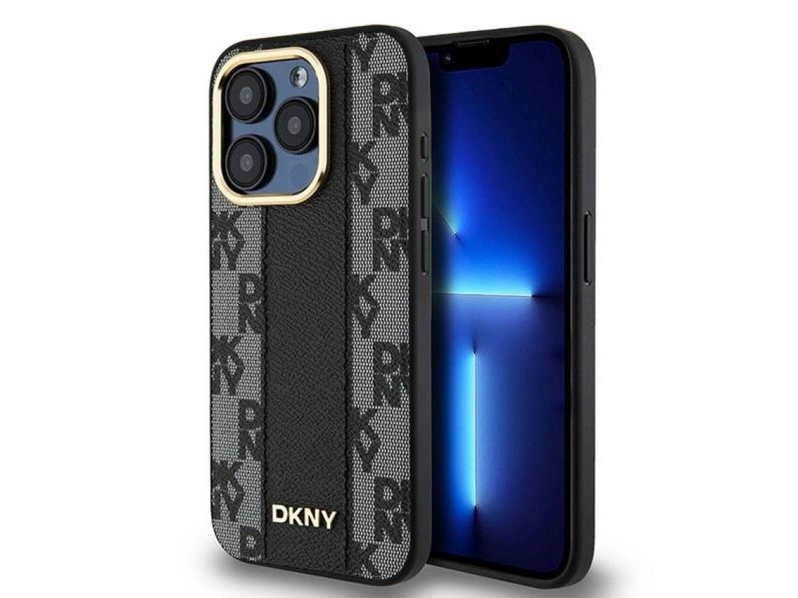 Capa DKNY em couro com estampa xadrez monocromática e MagSafe para iPhone 15 Pro - preta
