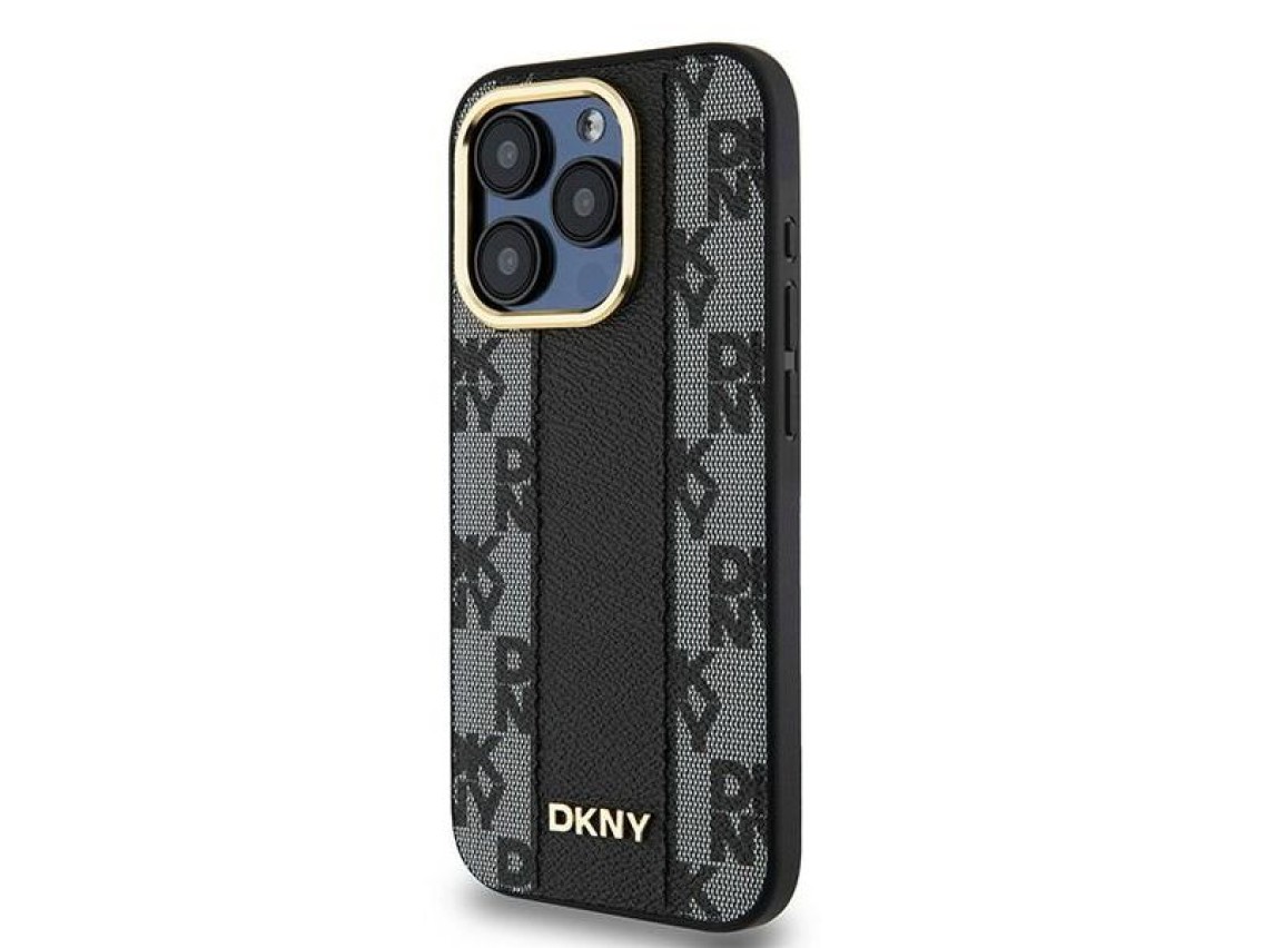 Capa DKNY em couro com estampa xadrez monocromática e MagSafe para iPhone 15 Pro - preta