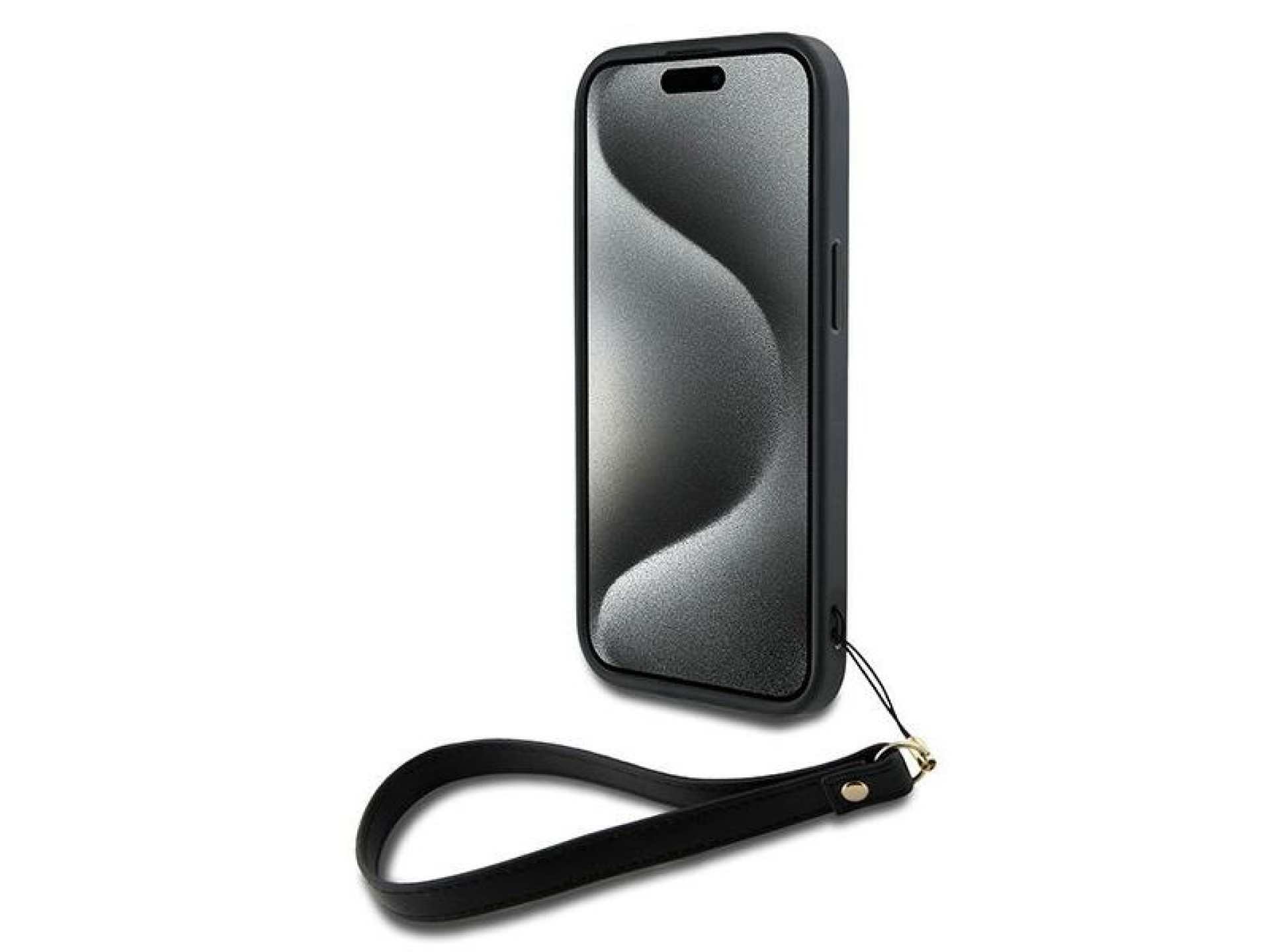 Funda para iPhone 15 Plus con correa de muñeca y logo de DKNY - Negra