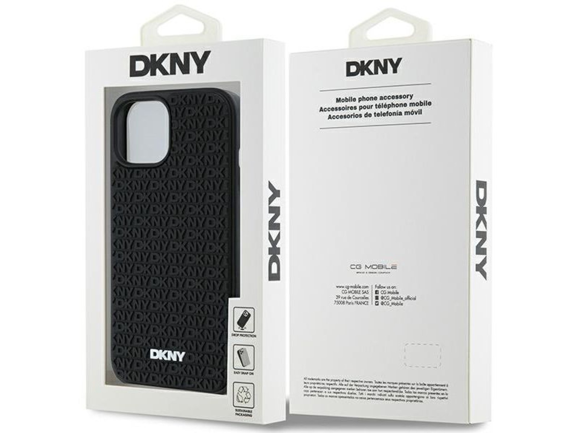 Funda DKNY de goma 3D con estampado repetitivo para iPhone 15/14/13 - negra