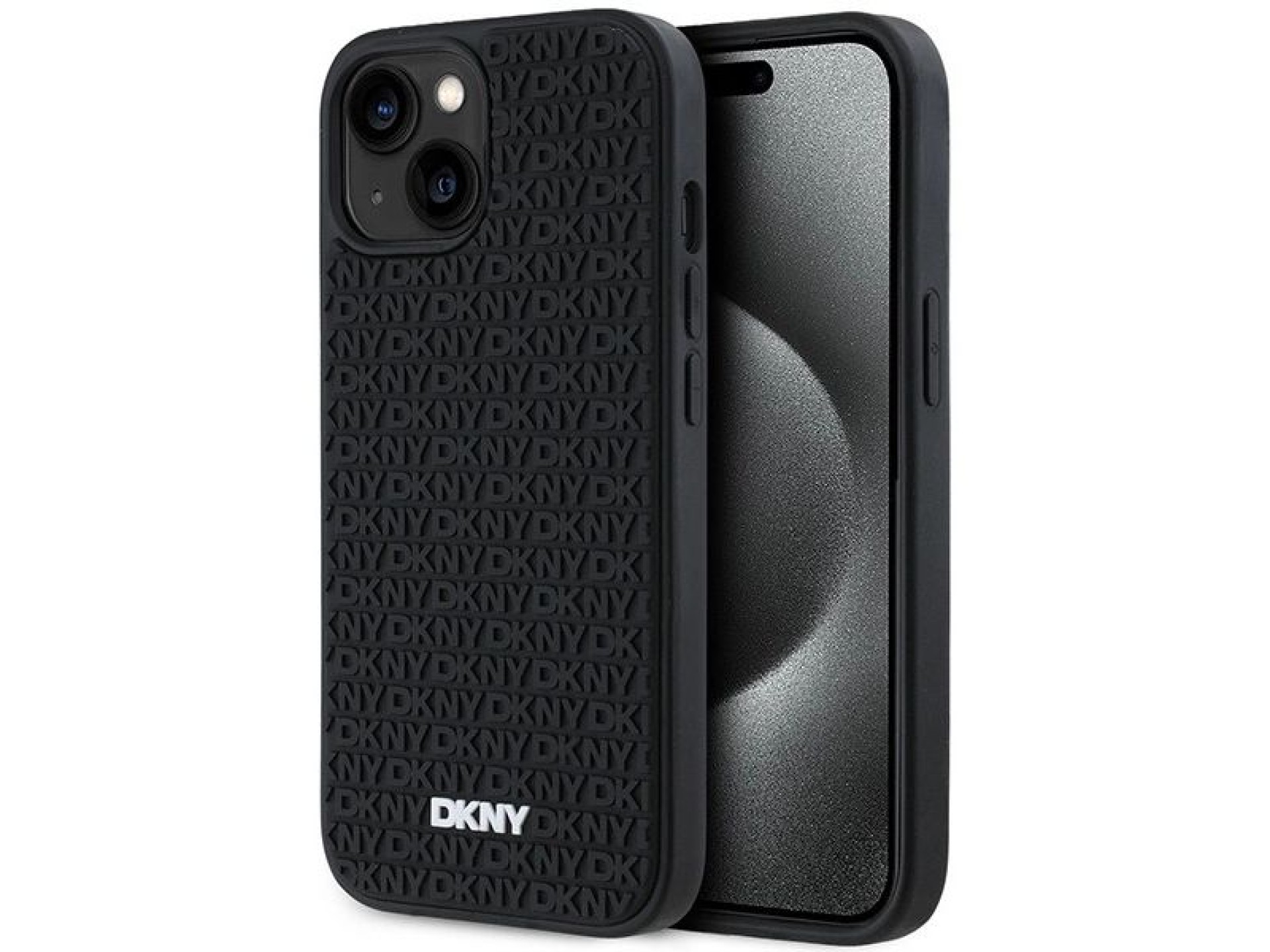 Funda DKNY de goma 3D con estampado repetitivo para iPhone 15/14/13 - negra