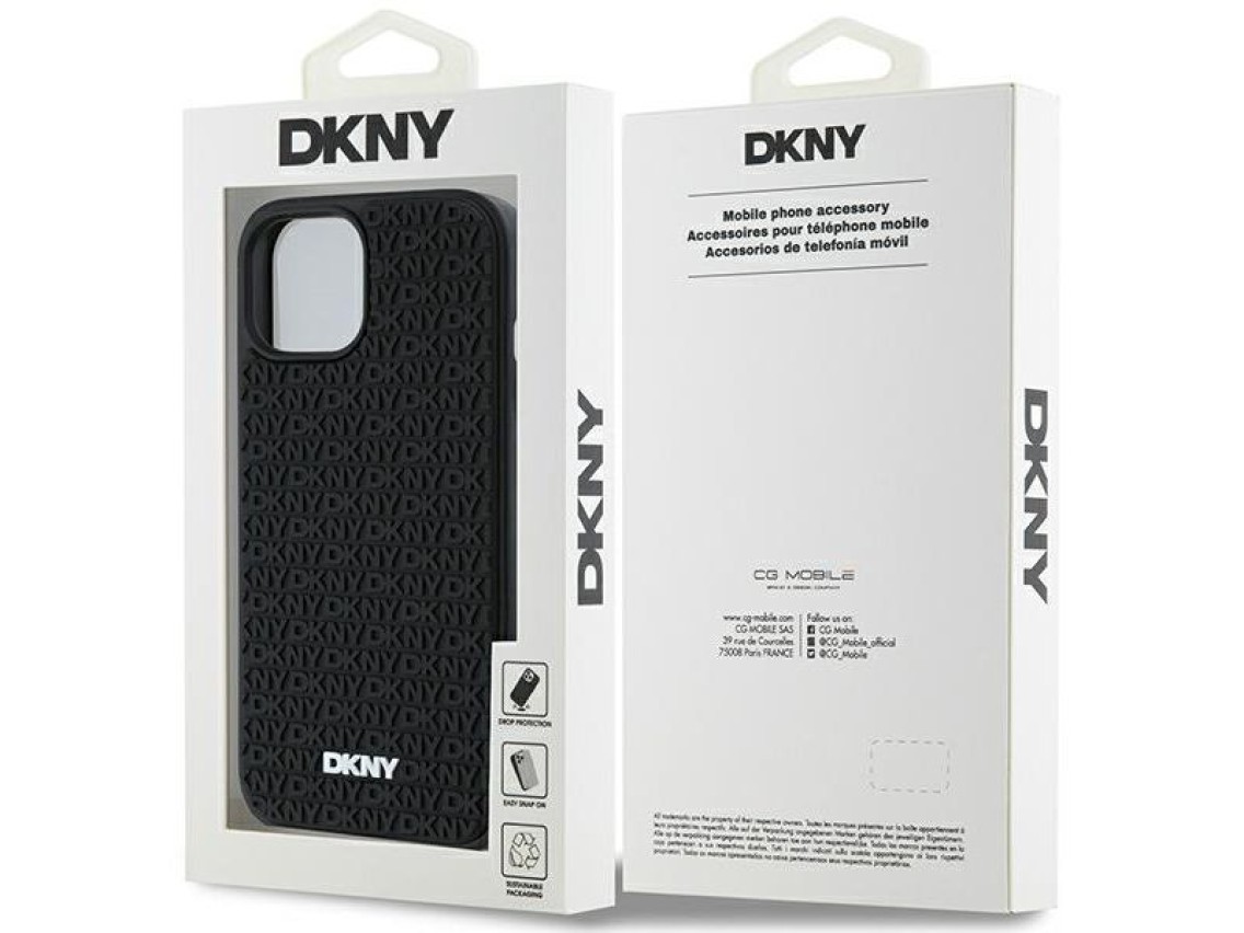 Funda DKNY 3D de goma con estampado repetitivo para iPhone 15 Plus - negra